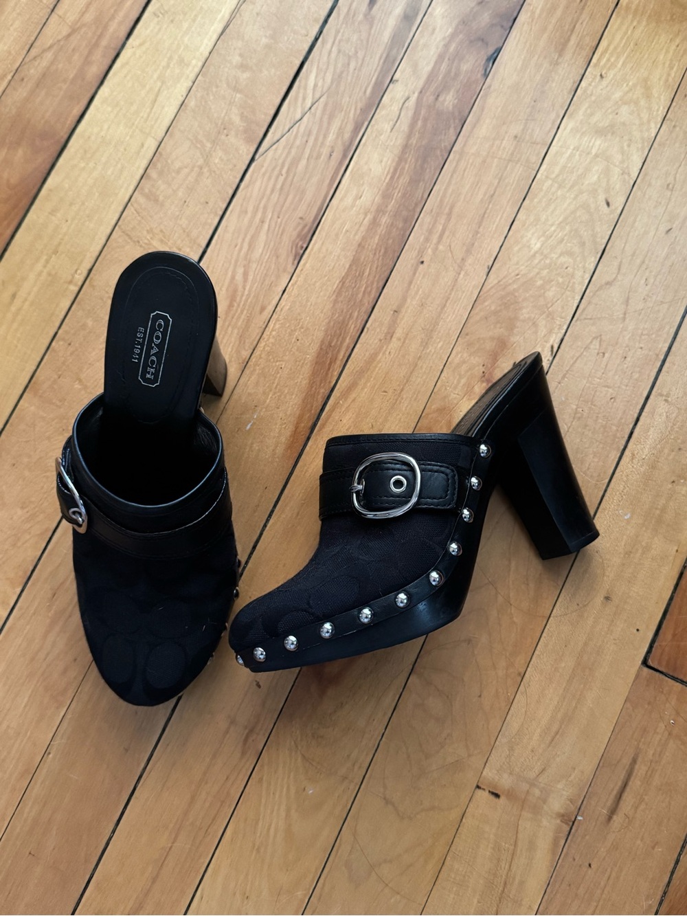 Coach Navy and Black Studded Buckle Leather Platform Mules